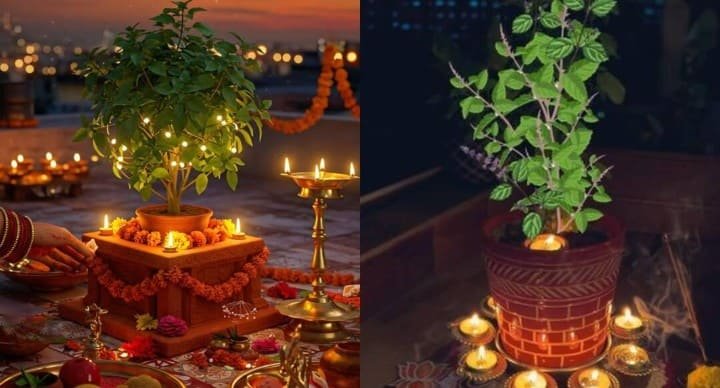 Tulsi and Brass Diya Decor