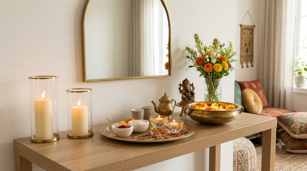 Foyer console table styling with Brass ELements