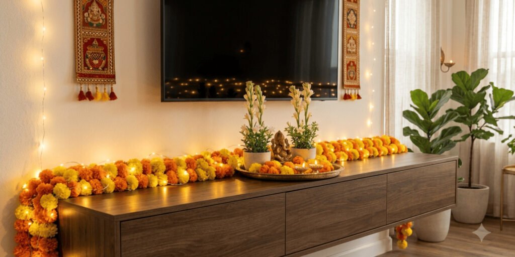 Floating TV Console with Marigold and Micro LED Drapes