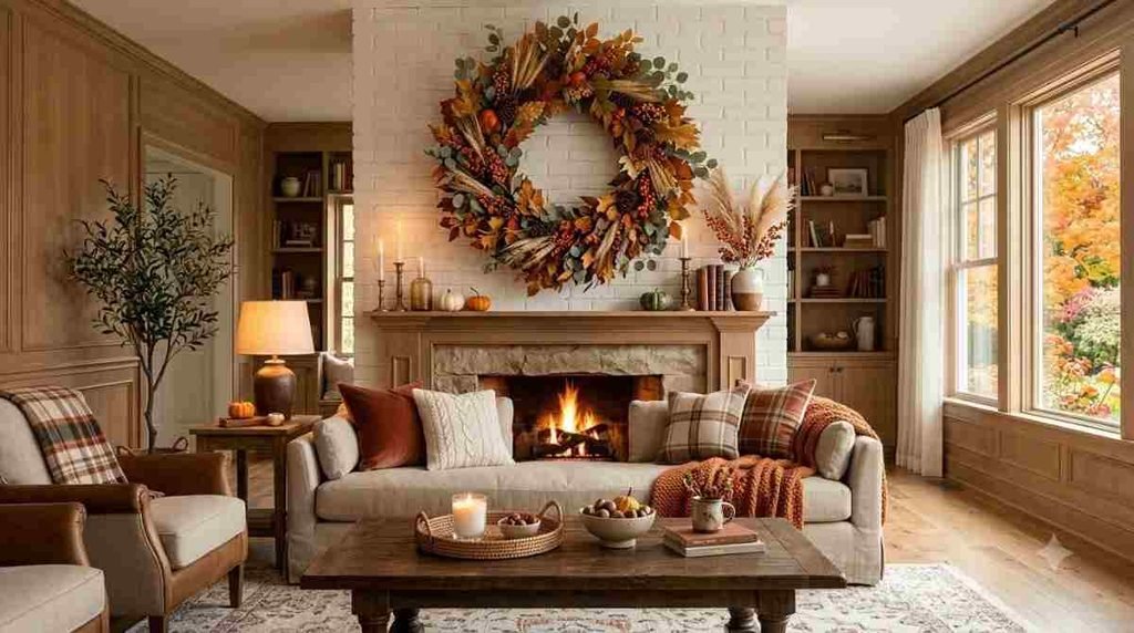 Oversized Fall Wreath Above the Sofa