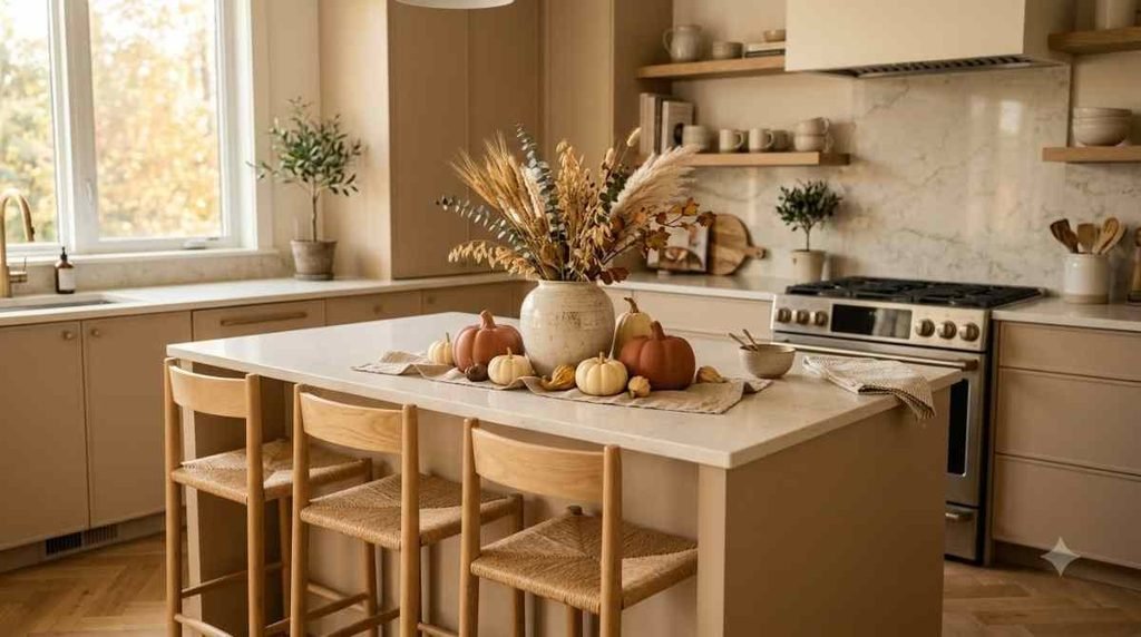 Decorate the Kitchen Island with mini pumpkins