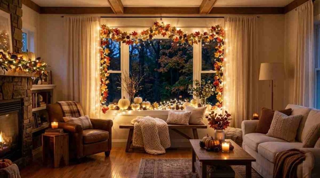 Golden Autumn Fairy Light Window