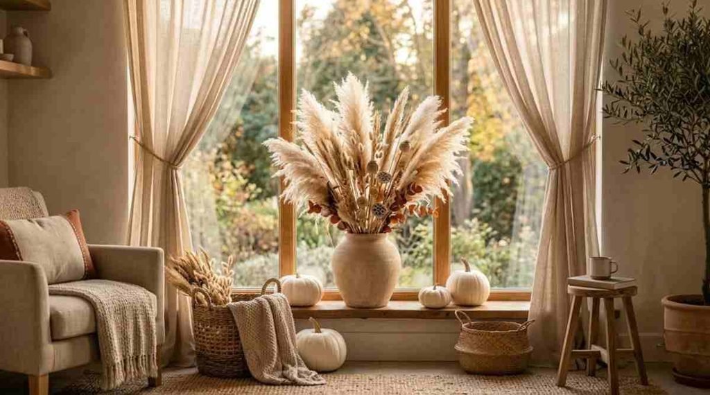 Boho Fall Window Decor with Pampas Grass