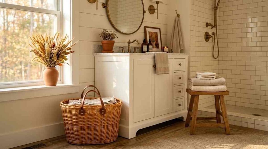 Add a Warm Wood Stool Beside the Tub