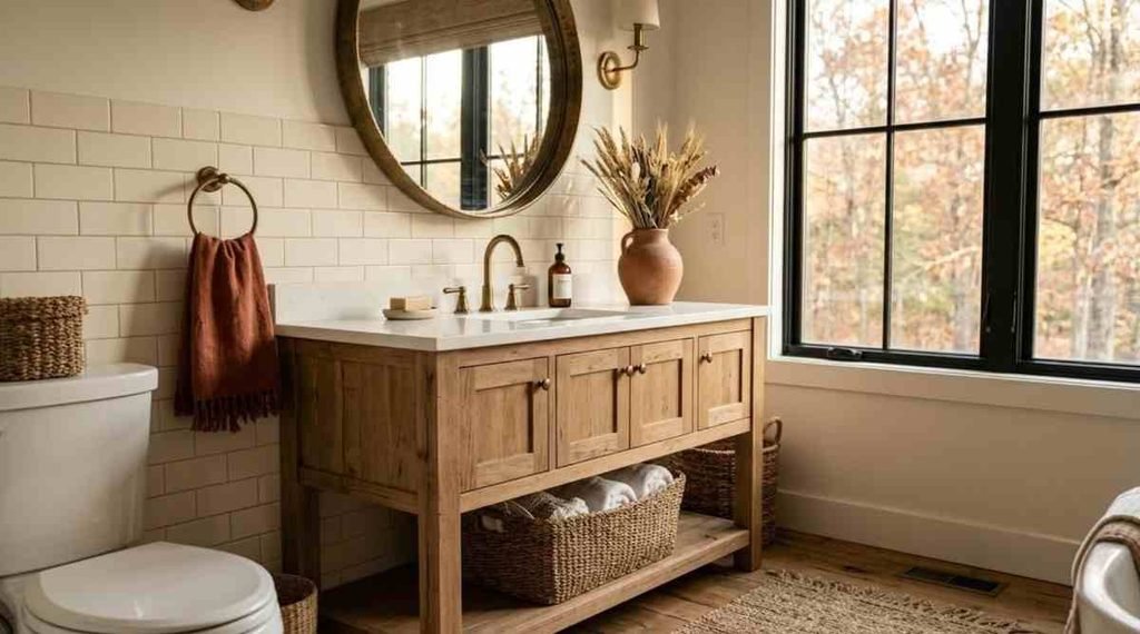 Style the Bathroom Mirror with Subtle Fall Greenery