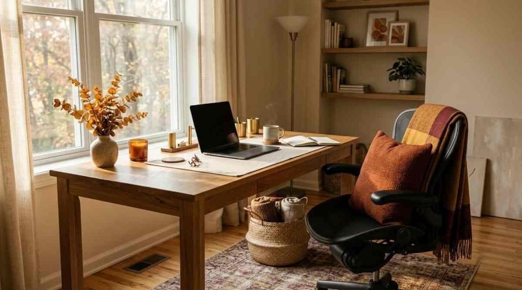 Warm Wood Desk with Rust- Colored Accents