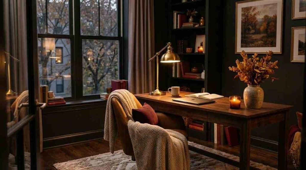 Cozy Evening Fall Office with Warm Lighting