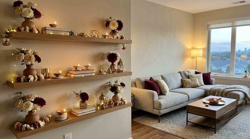 Elegant Diyas on Floating Shelves