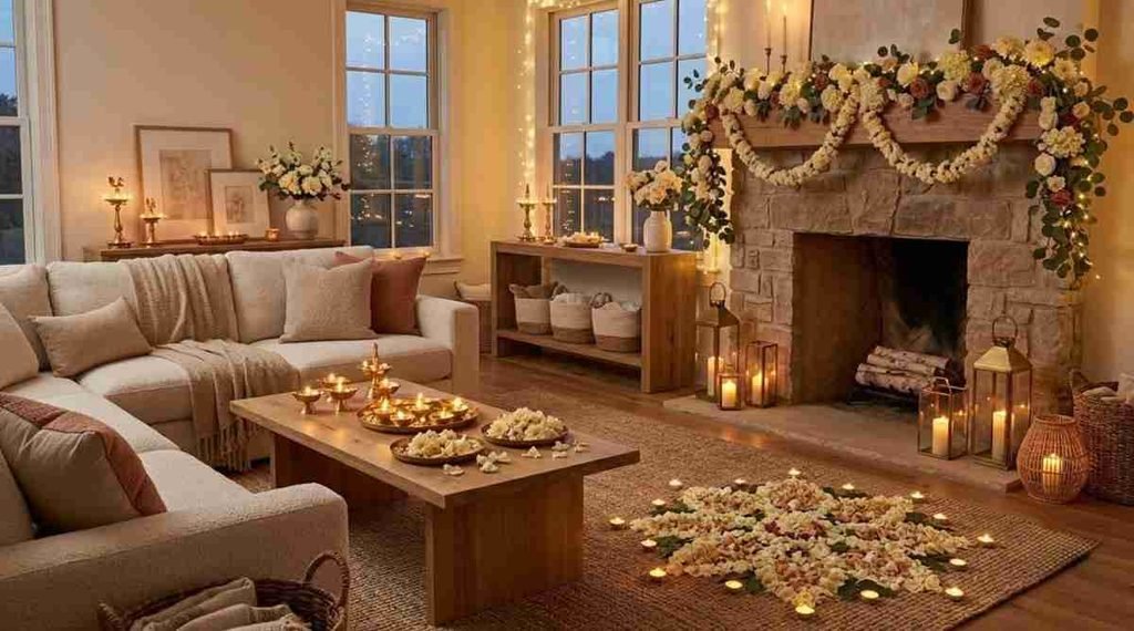 Neutral Diwali Decor with Warm Lights