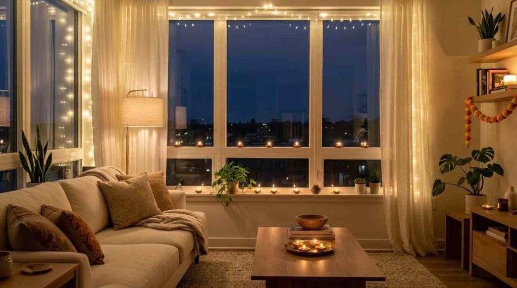 Use Warm Fairy Lights Around the Windows